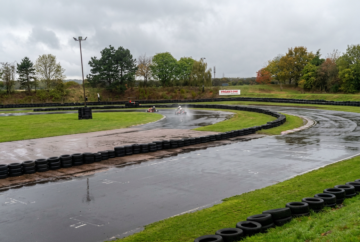 Trafficlight Racing karts racing through the wet at Bayford Meadows